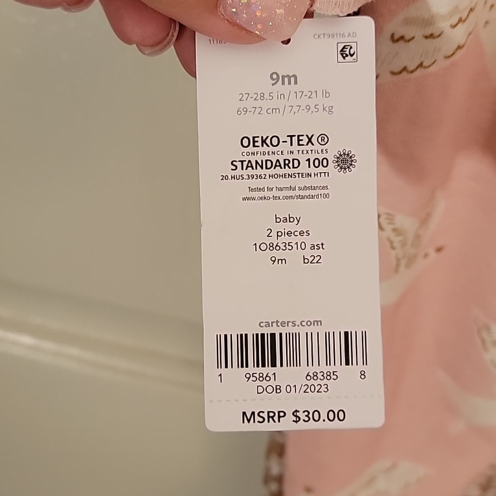 Carter's, baby girls 9M 2-piece set, pink and brown, long sleeves and footies. - Picture 7 of 11